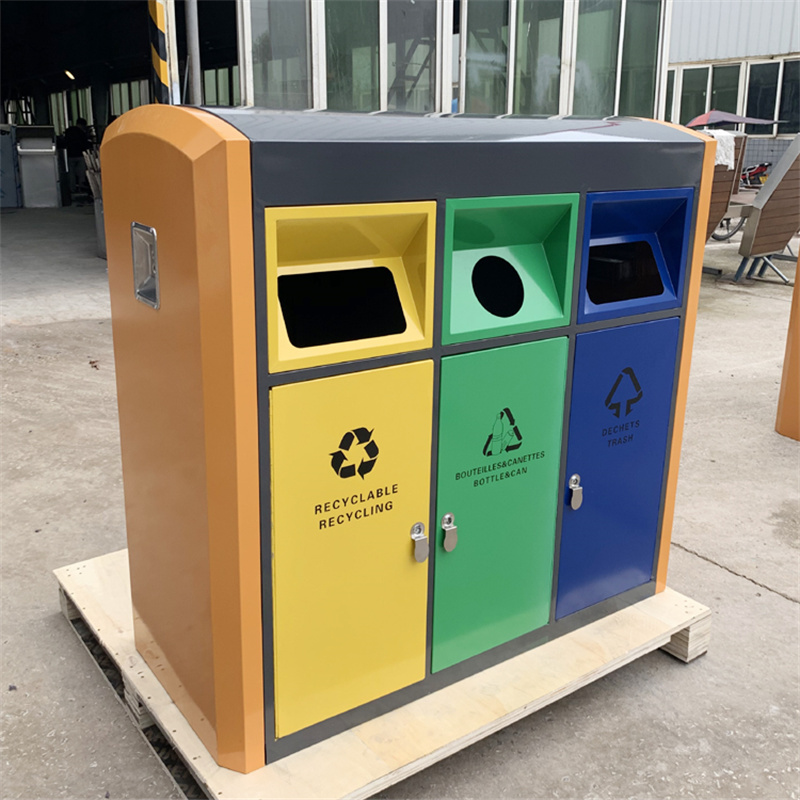 Ubran Large Trash Recycle Bins 3 Compartment Classified Metal Street Park Waste bin 6