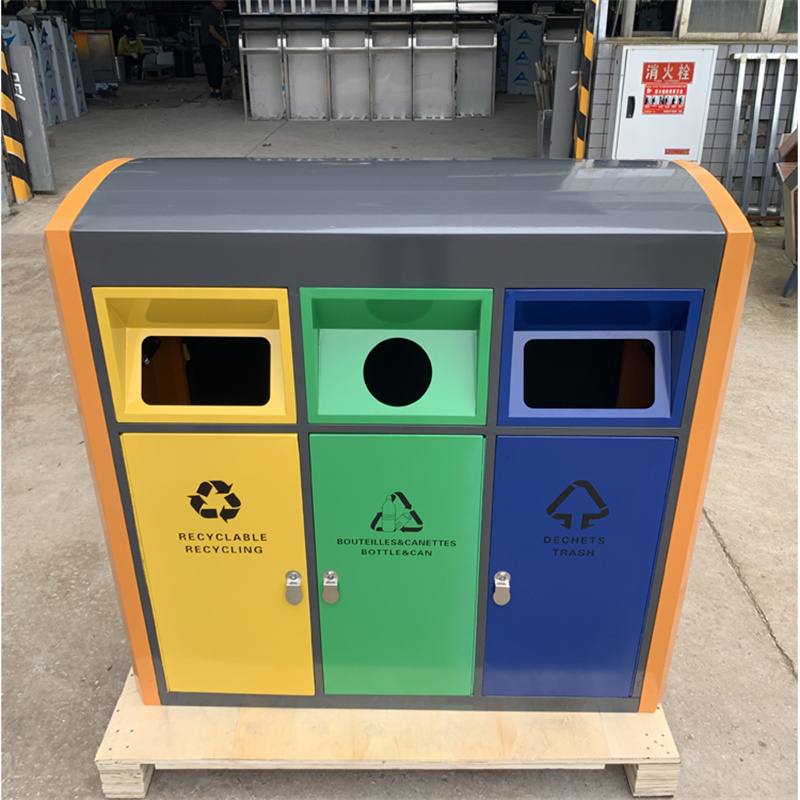 Ubran Large Trash Recycle Bins 3 Compartment Classified Metal Street Park Waste bin 7