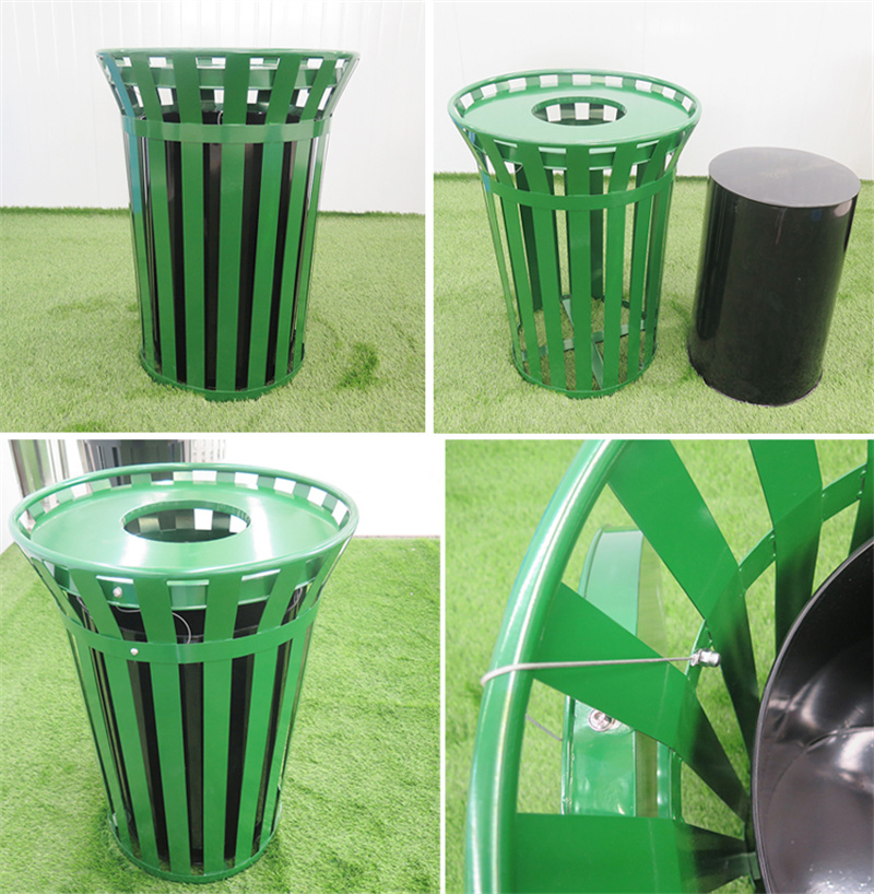 Wholesale 38 Gallon Green Steel Waste Receptacles Outdoor Street Metal Slatted Trash Can With Flat Lid
