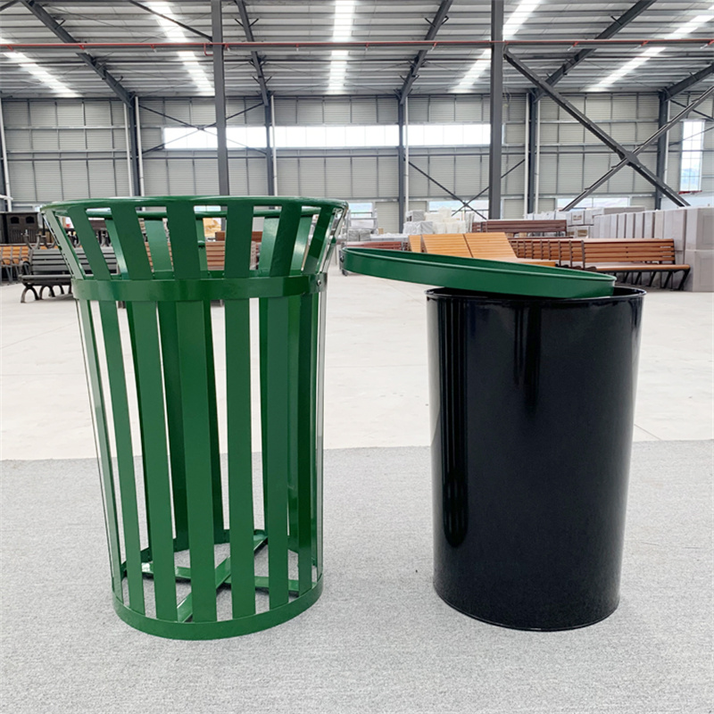 Wholesale 38 Gallon Green Steel Waste Receptacles Outdoor Street Metal Slatted Trash Can With Flat Lid 4
