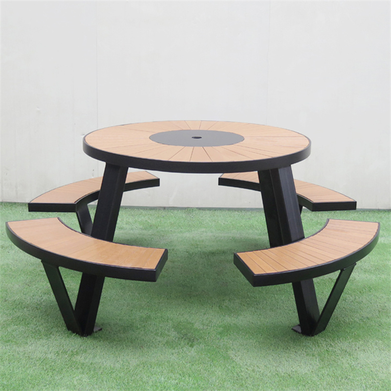 Outdoor Park Street Round Moderní design Dřevěný piknikový stůl Set s otvorem na deštník 8