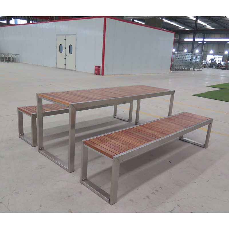 Outdoor Street Furniture Park wood Outdoor Table Benches With Stainless Steel Frame 7