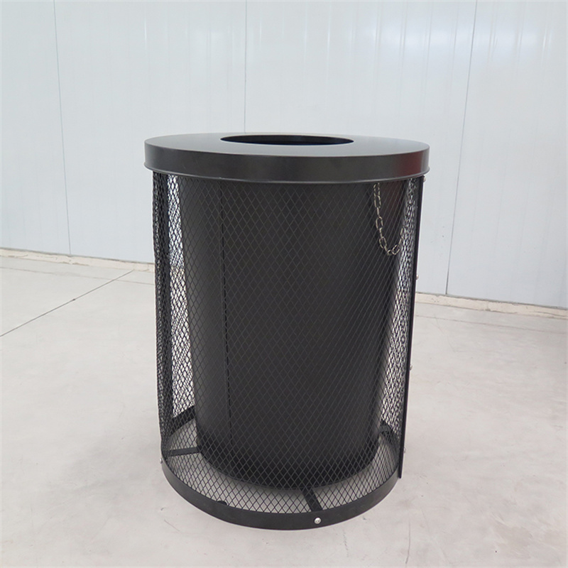 Round Mesh Metal Commercial Outdoor Trash Bin Black With lid8